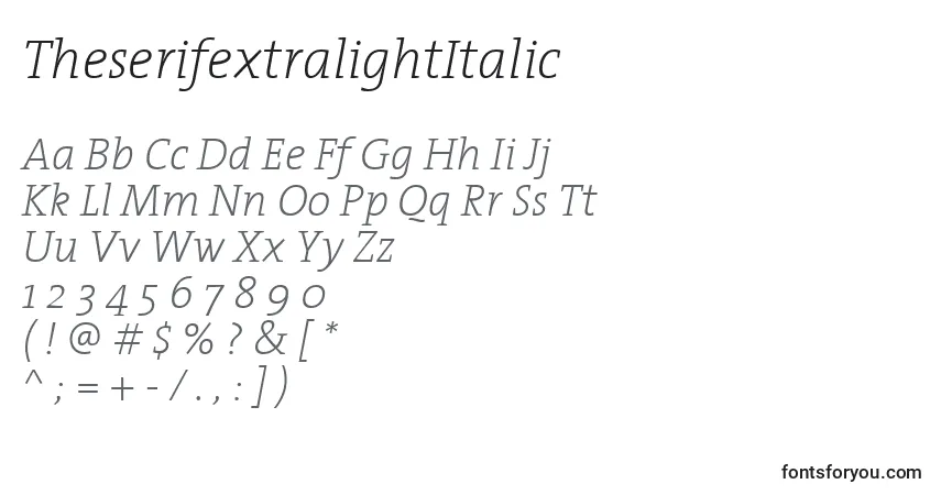 Schriftart TheserifextralightItalic – Alphabet, Zahlen, spezielle Symbole