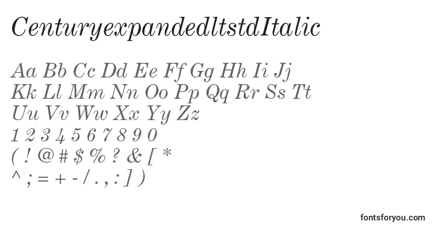 Czcionka CenturyexpandedltstdItalic – alfabet, cyfry, specjalne znaki