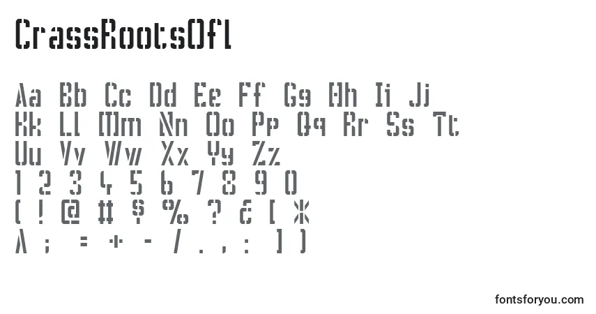 A fonte CrassRootsOfl – alfabeto, números, caracteres especiais