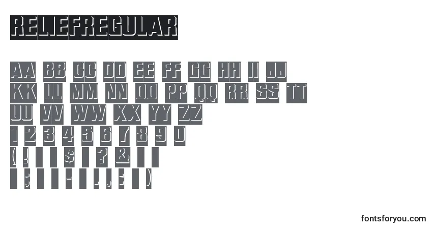 A fonte ReliefRegular – alfabeto, números, caracteres especiais