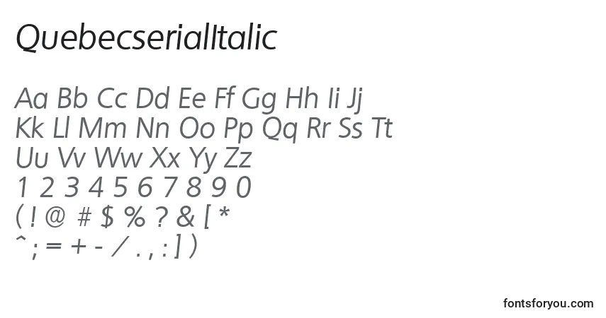 A fonte QuebecserialItalic – alfabeto, números, caracteres especiais