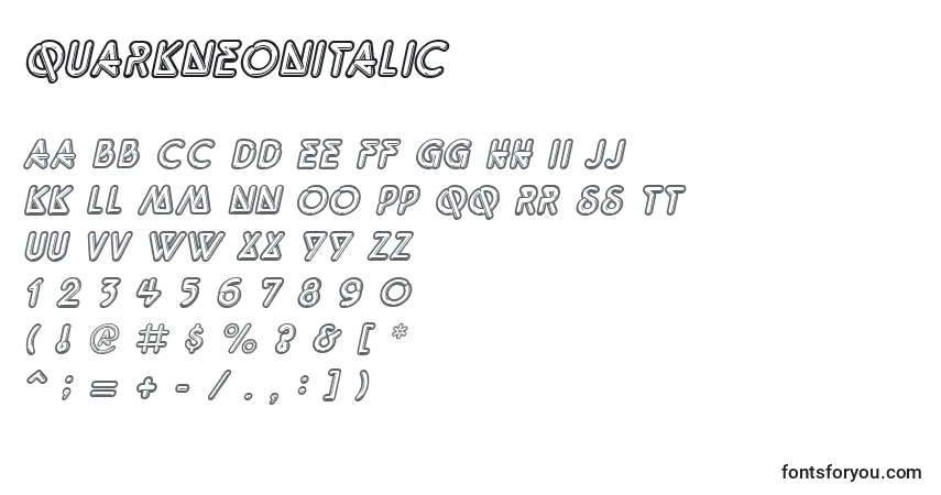 Czcionka QuarkneonItalic – alfabet, cyfry, specjalne znaki