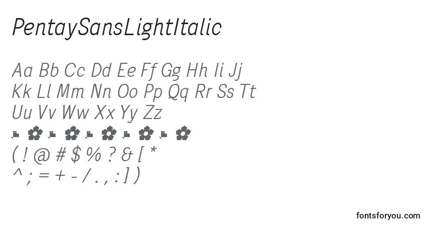 Шрифт PentaySansLightItalic – алфавит, цифры, специальные символы