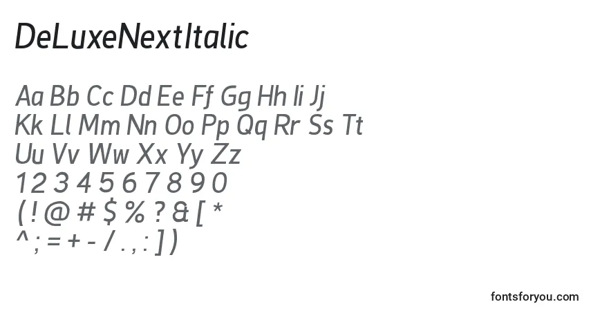 Czcionka DeLuxeNextItalic – alfabet, cyfry, specjalne znaki