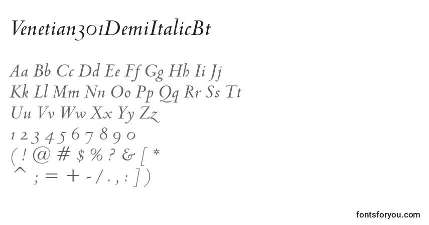 Шрифт Venetian301DemiItalicBt – алфавит, цифры, специальные символы