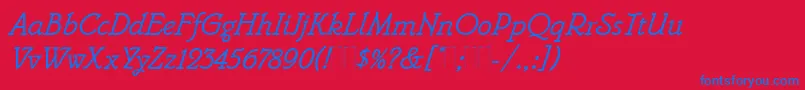 BelweMonoItalicPlain-Schriftart – Blaue Schriften auf rotem Hintergrund