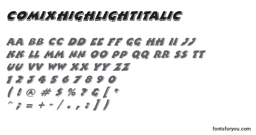 Czcionka ComixhighlightItalic – alfabet, cyfry, specjalne znaki