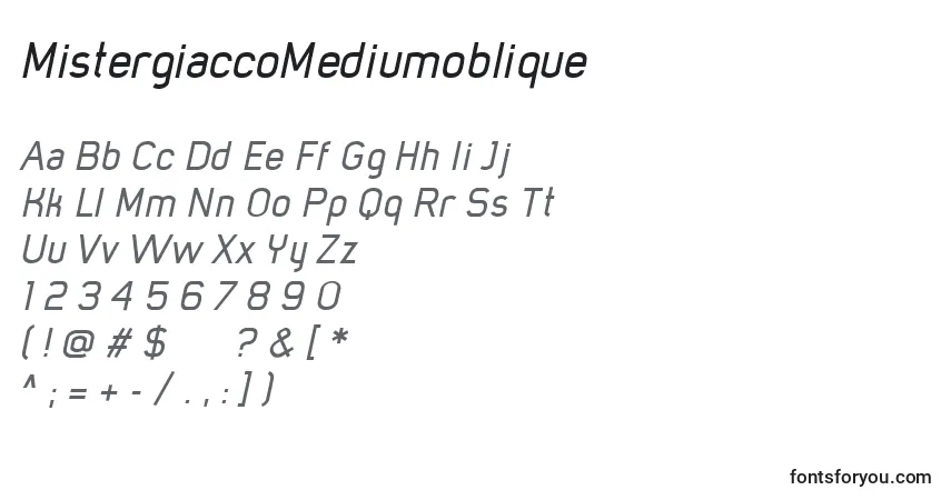 A fonte MistergiaccoMediumoblique – alfabeto, números, caracteres especiais