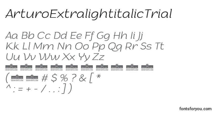 A fonte ArturoExtralightitalicTrial – alfabeto, números, caracteres especiais