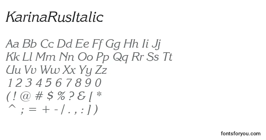 Schriftart KarinaRusItalic – Alphabet, Zahlen, spezielle Symbole