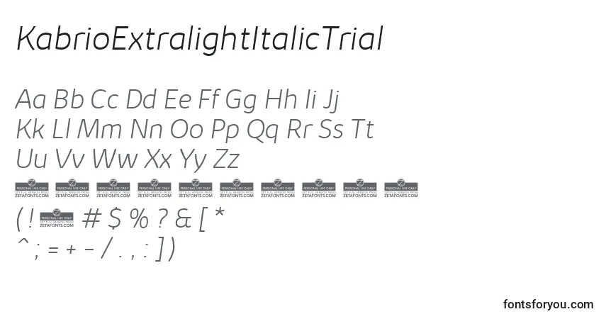 A fonte KabrioExtralightItalicTrial – alfabeto, números, caracteres especiais