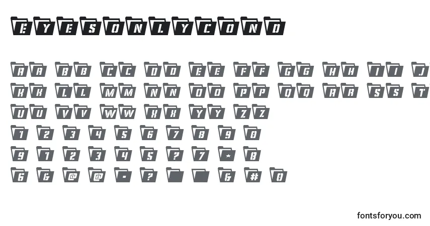 Czcionka Eyesonlycond – alfabet, cyfry, specjalne znaki