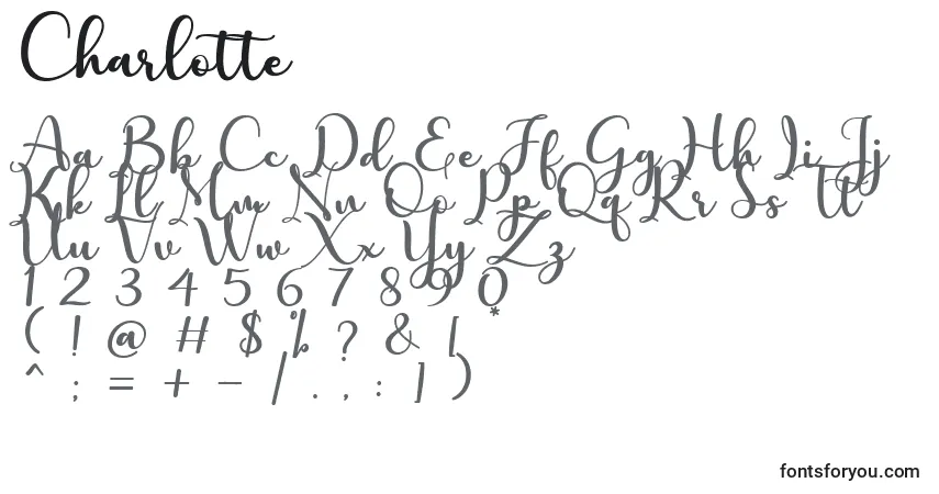A fonte Charlotte – alfabeto, números, caracteres especiais