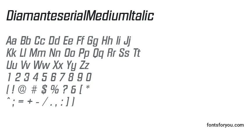 A fonte DiamanteserialMediumItalic – alfabeto, números, caracteres especiais