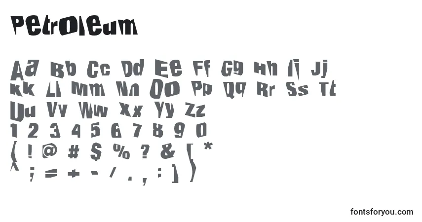 Czcionka Petroleum – alfabet, cyfry, specjalne znaki