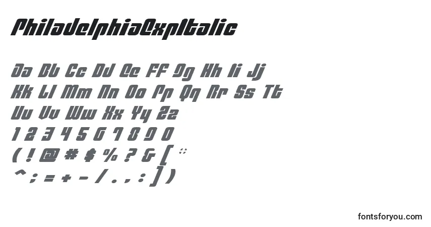 Schriftart PhiladelphiaExpItalic – Alphabet, Zahlen, spezielle Symbole