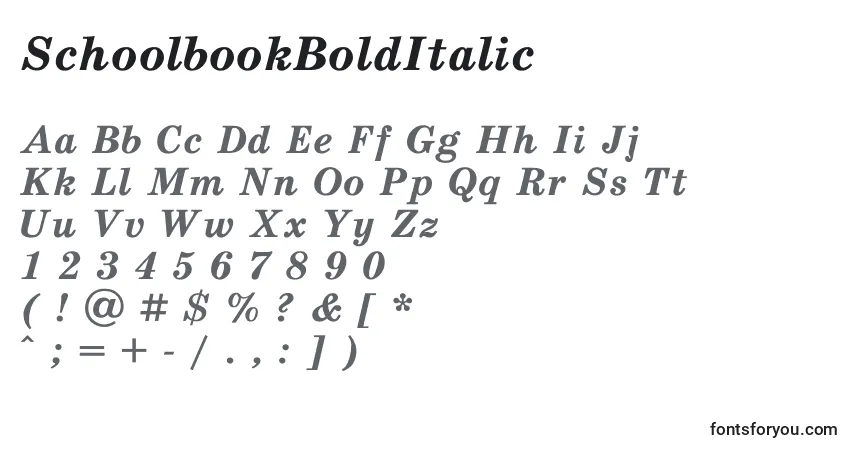 A fonte SchoolbookBoldItalic – alfabeto, números, caracteres especiais