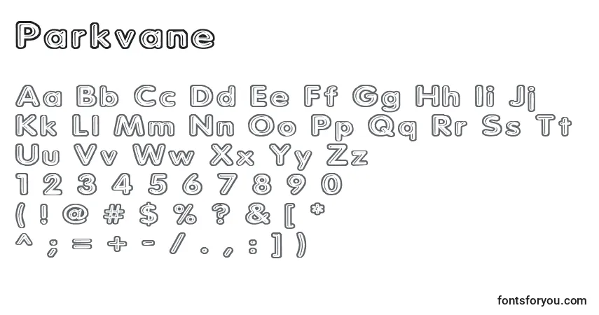 Czcionka Parkvane – alfabet, cyfry, specjalne znaki