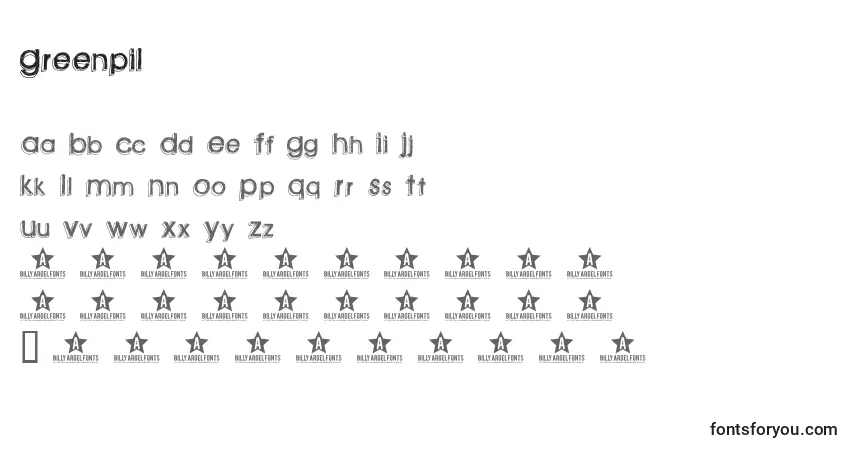 A fonte Greenpil – alfabeto, números, caracteres especiais