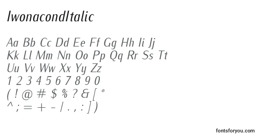 Schriftart IwonacondItalic – Alphabet, Zahlen, spezielle Symbole
