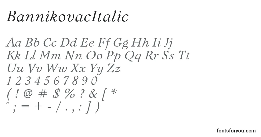 Schriftart BannikovacItalic – Alphabet, Zahlen, spezielle Symbole