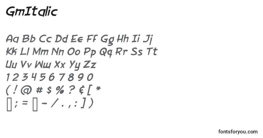 A fonte GmItalic – alfabeto, números, caracteres especiais
