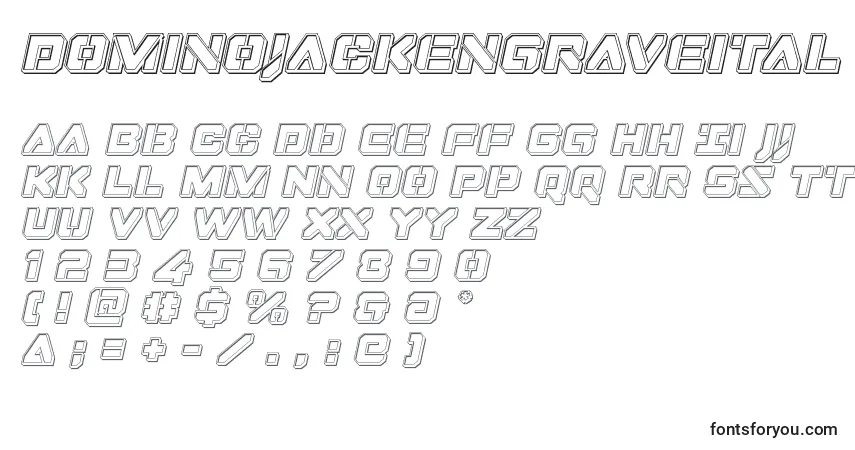 Czcionka Dominojackengraveital – alfabet, cyfry, specjalne znaki