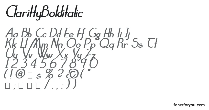 Czcionka ClarittyBolditalic – alfabet, cyfry, specjalne znaki