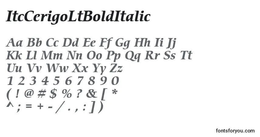 A fonte ItcCerigoLtBoldItalic – alfabeto, números, caracteres especiais