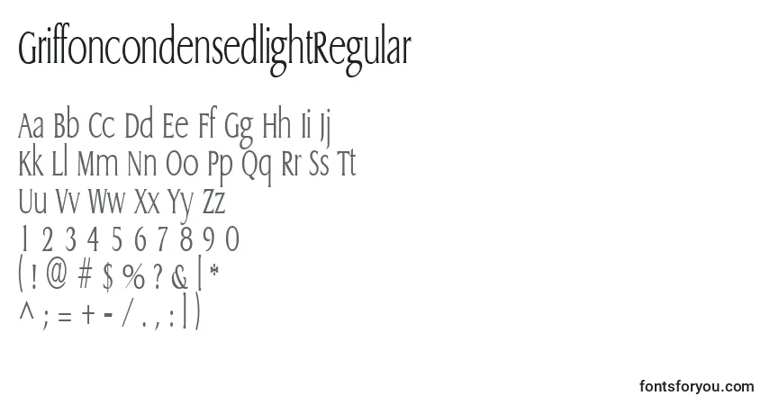 Шрифт GriffoncondensedlightRegular – алфавит, цифры, специальные символы
