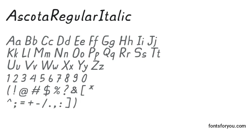 Schriftart AscotaRegularItalic – Alphabet, Zahlen, spezielle Symbole