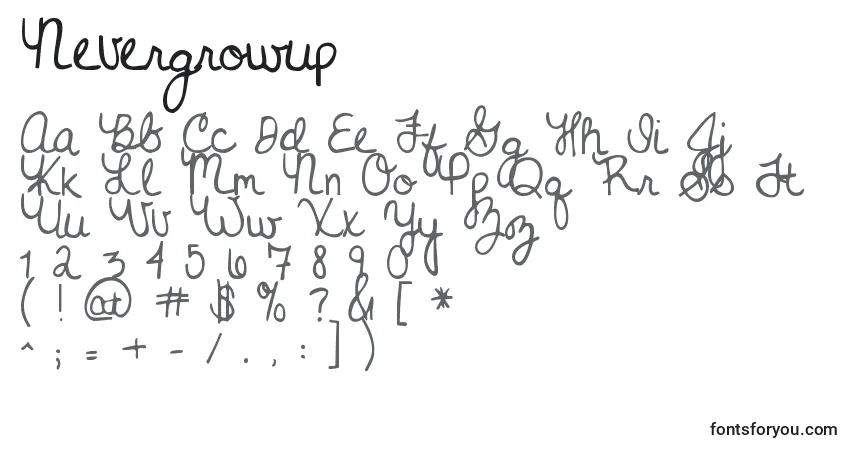 Schriftart Nevergrowup – Alphabet, Zahlen, spezielle Symbole