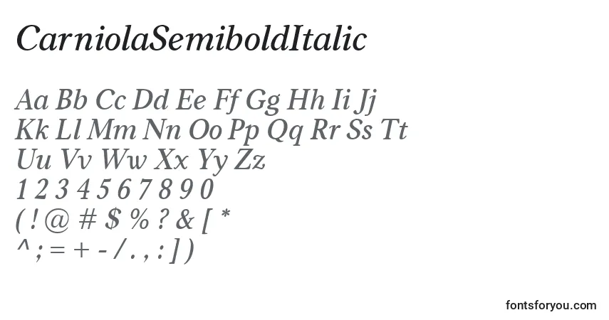 Czcionka CarniolaSemiboldItalic – alfabet, cyfry, specjalne znaki