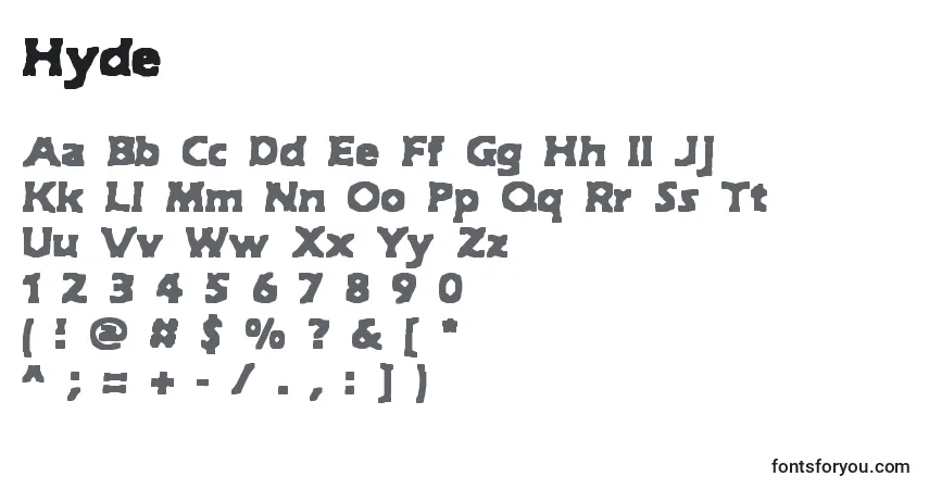 Czcionka Hyde – alfabet, cyfry, specjalne znaki