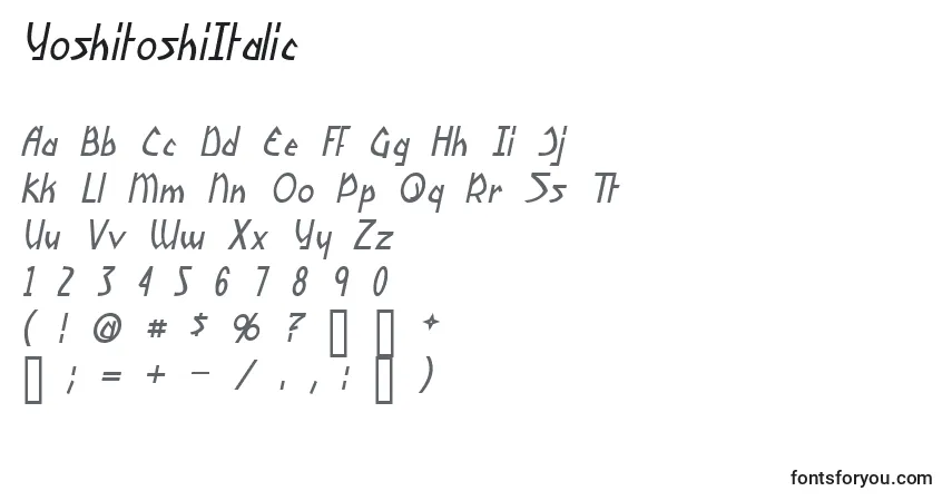 Шрифт YoshitoshiItalic – алфавит, цифры, специальные символы