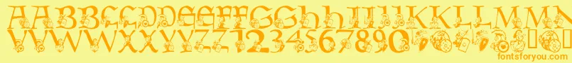 フォントLmsWarriorMascot – オレンジの文字が黄色の背景にあります。