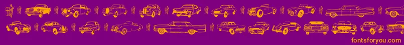 Oldcar-Schriftart – Orangefarbene Schriften auf violettem Hintergrund