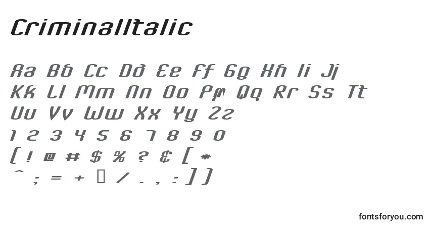 Schriftart CriminalItalic – Alphabet, Zahlen, spezielle Symbole
