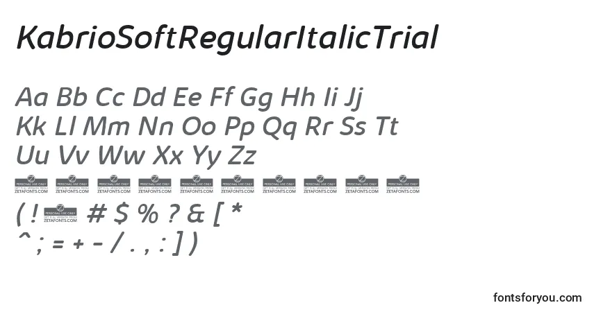A fonte KabrioSoftRegularItalicTrial – alfabeto, números, caracteres especiais