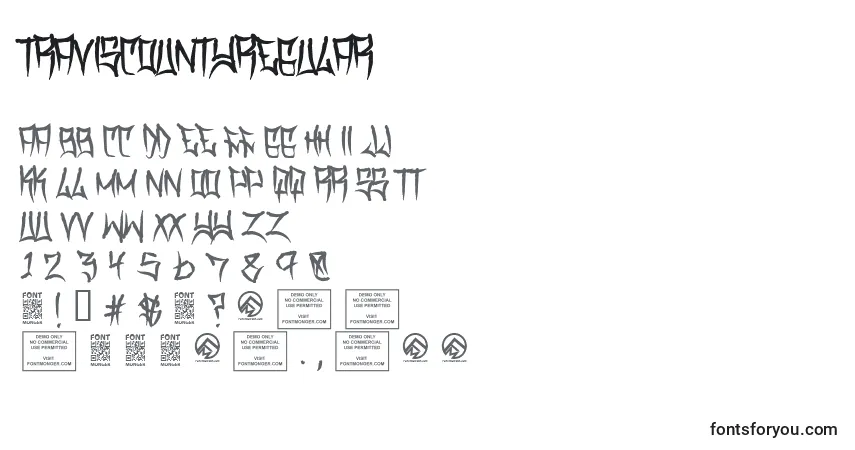 A fonte TraviscountyRegular (113698) – alfabeto, números, caracteres especiais