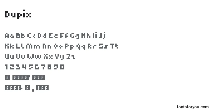 A fonte Dupix – alfabeto, números, caracteres especiais