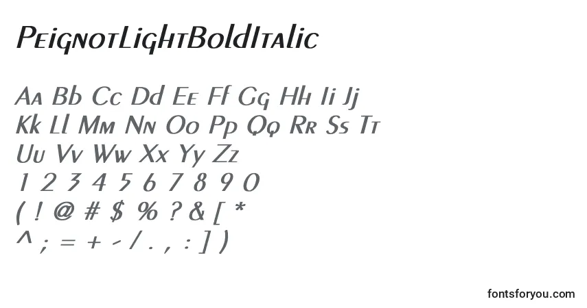 Czcionka PeignotLightBoldItalic – alfabet, cyfry, specjalne znaki