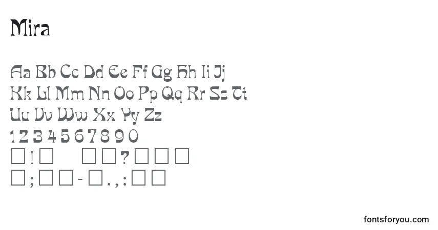Шрифт Mira – алфавит, цифры, специальные символы
