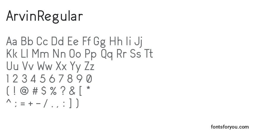 Czcionka ArvinRegular – alfabet, cyfry, specjalne znaki