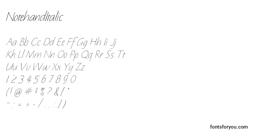 Czcionka NotehandItalic – alfabet, cyfry, specjalne znaki
