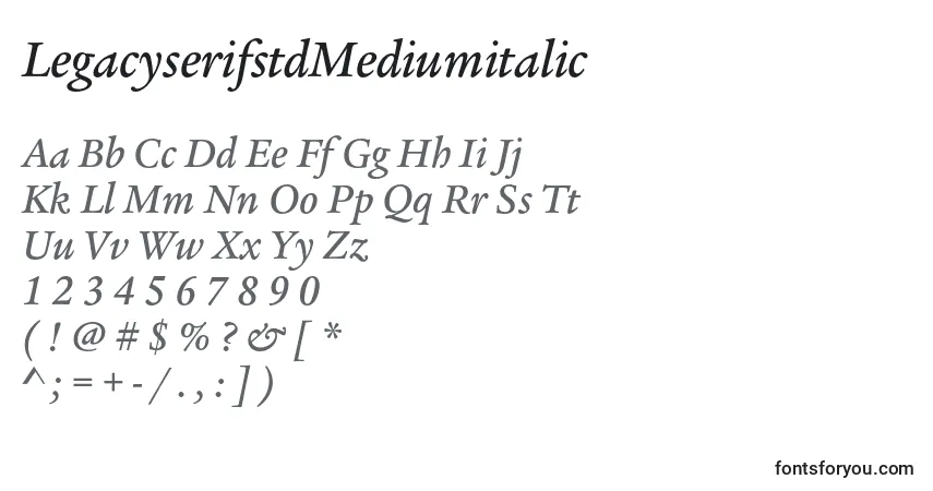 A fonte LegacyserifstdMediumitalic – alfabeto, números, caracteres especiais