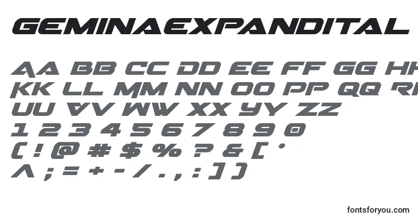 Шрифт Geminaexpandital – алфавит, цифры, специальные символы