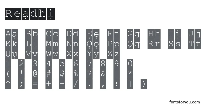 A fonte Readhi – alfabeto, números, caracteres especiais