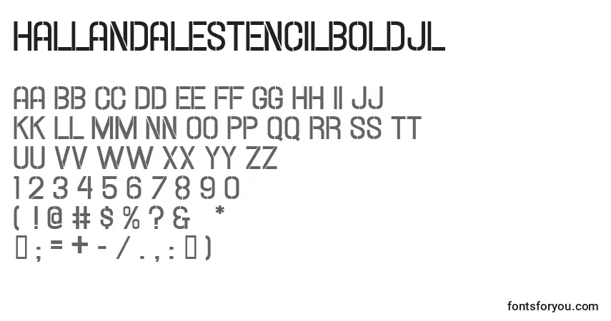 HallandaleStencilBoldJl-fontti – aakkoset, numerot, erikoismerkit