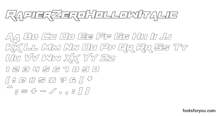 Czcionka RapierZeroHollowItalic – alfabet, cyfry, specjalne znaki